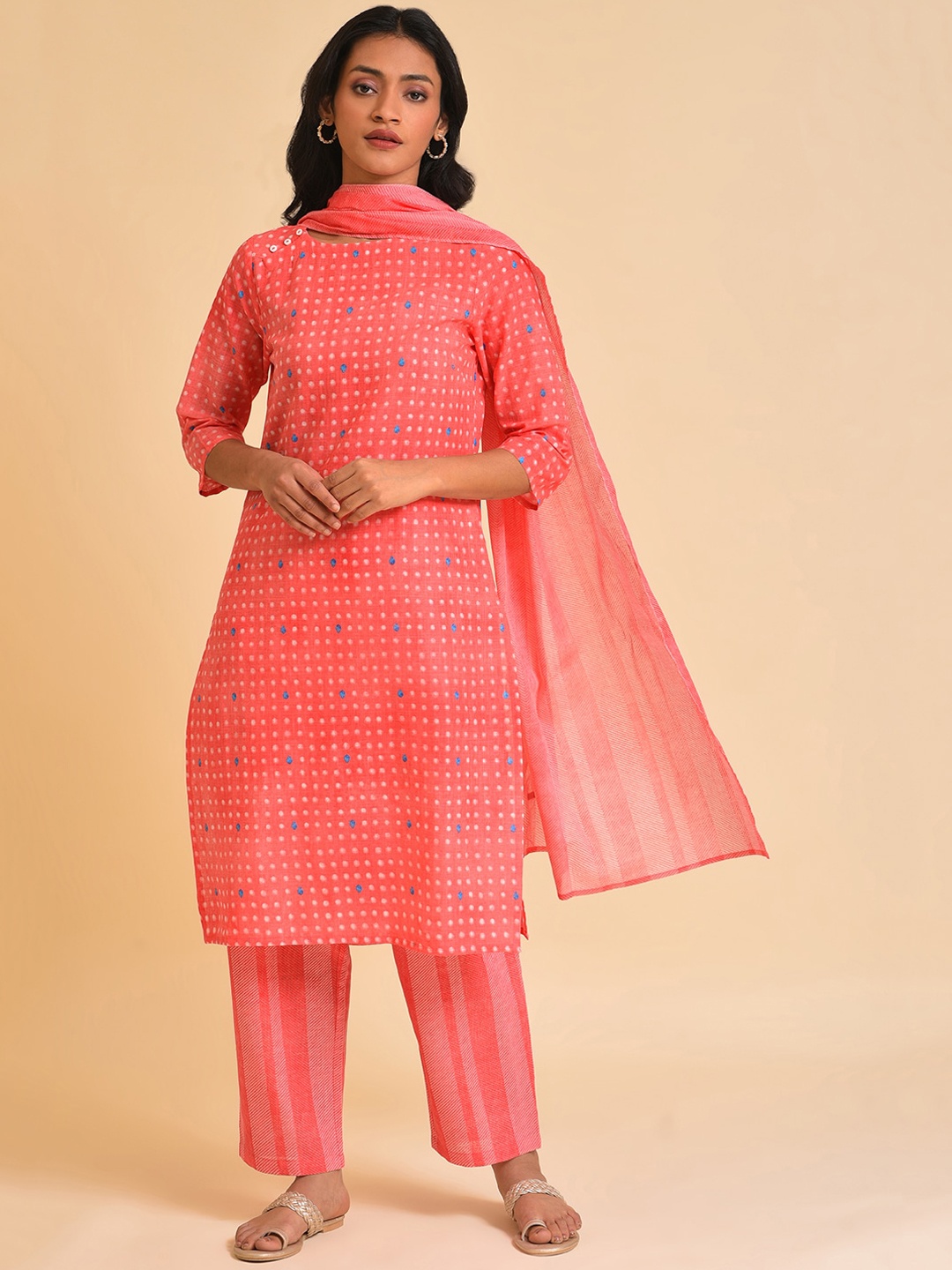 

W Geometric Printed Regular Pure Cotton Kurta With Trousers & Dupatta, Red