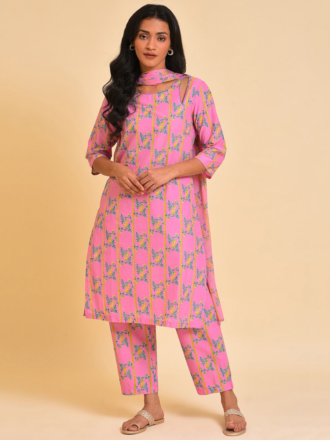 

W Pink & Green & Yellow Floral Printed Pure Cotton Kurta With Trousers & Dupatta
