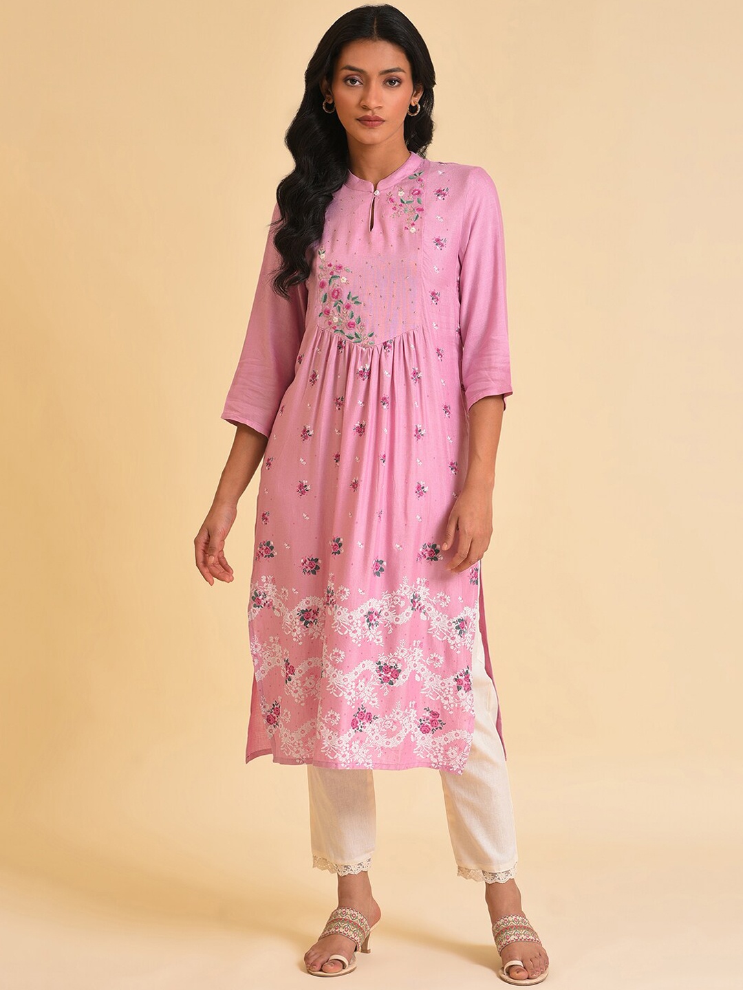 

W Pink & Green Floral Printed Pleated Thread Work Kurta With Trousers