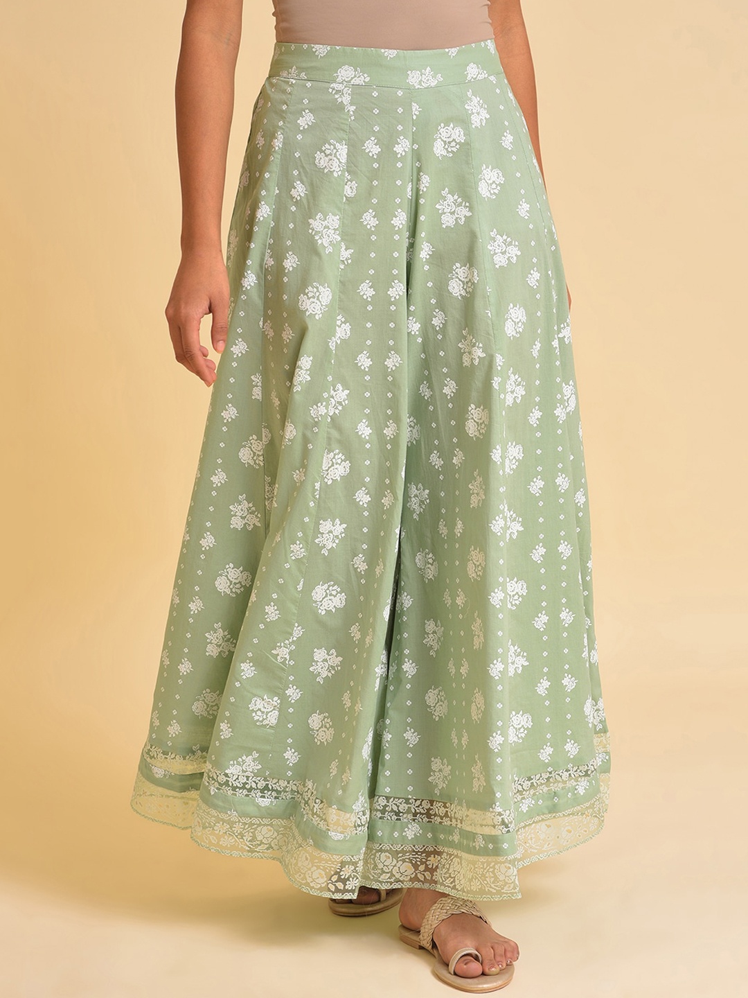 

W Women Floral Printed Loose Fit Pleated Pure Cotton Palazzo, Green