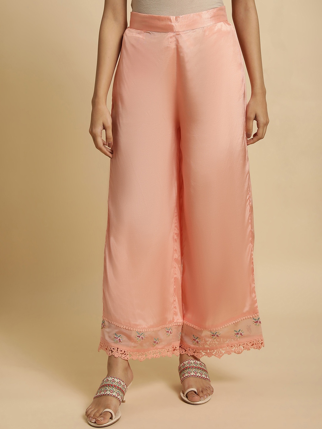 

W Women Floral Embroidered Wide Leg Trousers, Peach