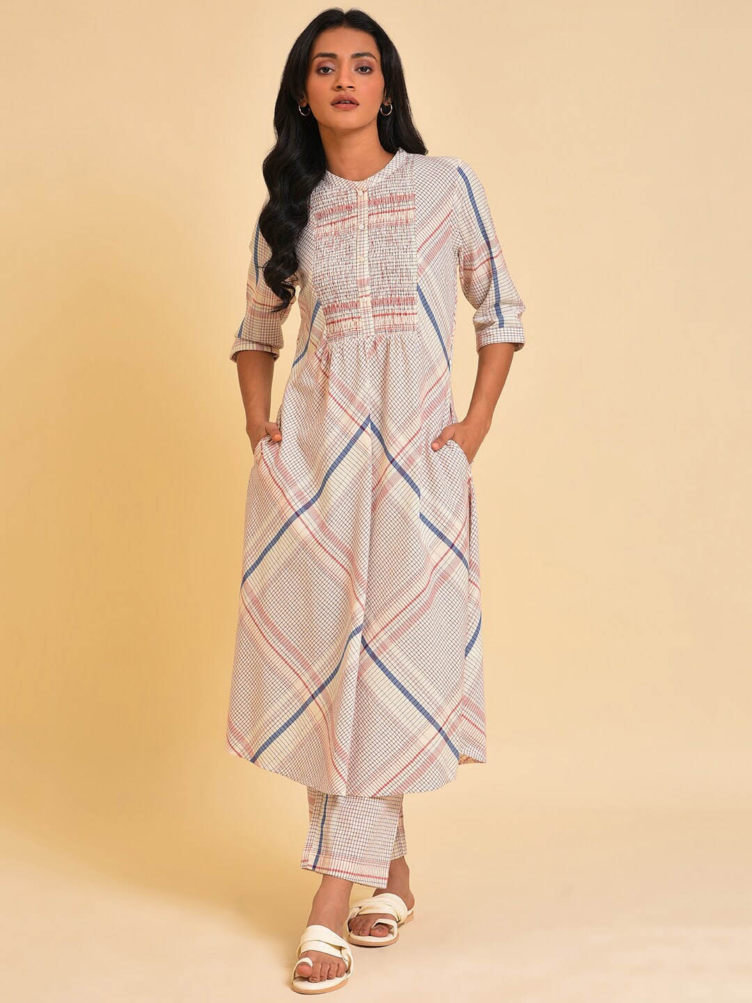 

W Beige & Red Checked Pure Cotton Kurta With Trousers