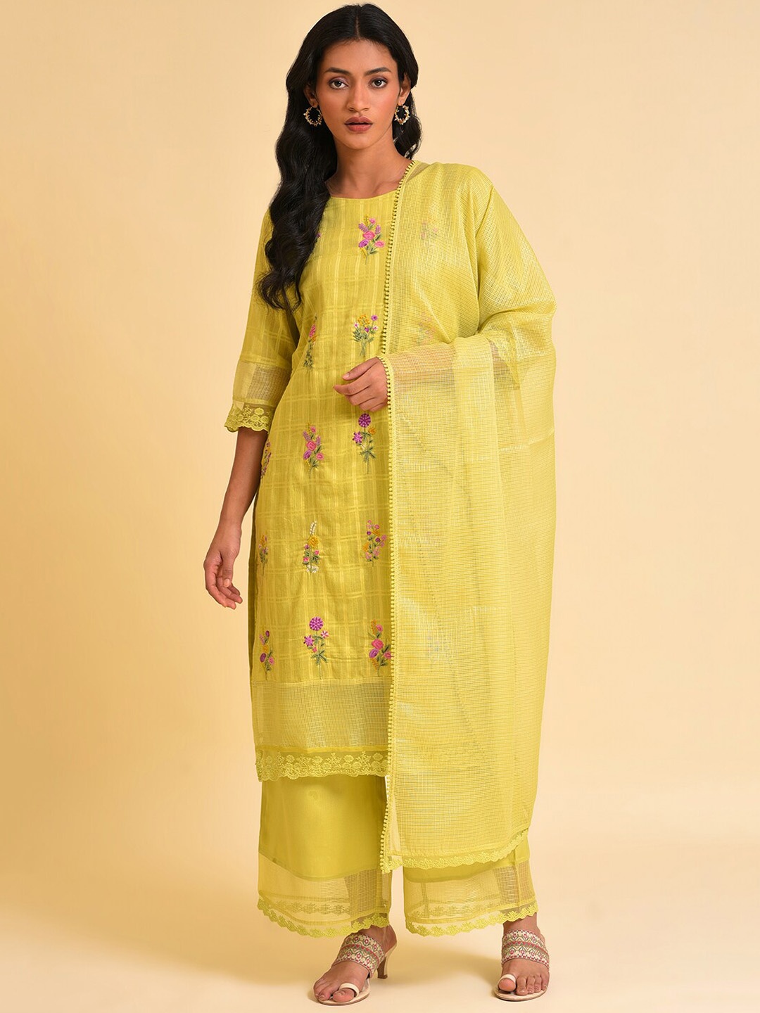 

W Floral Embroidered Pure Cotton Kurta With Trousers & Dupatta, Lime green
