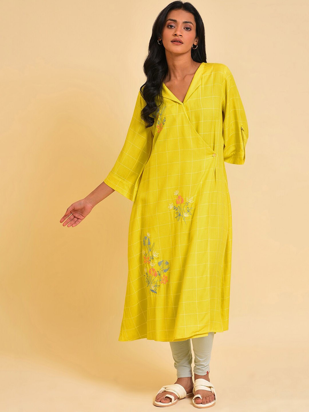 

W Yellow Embroidered Checker Wrap Dress