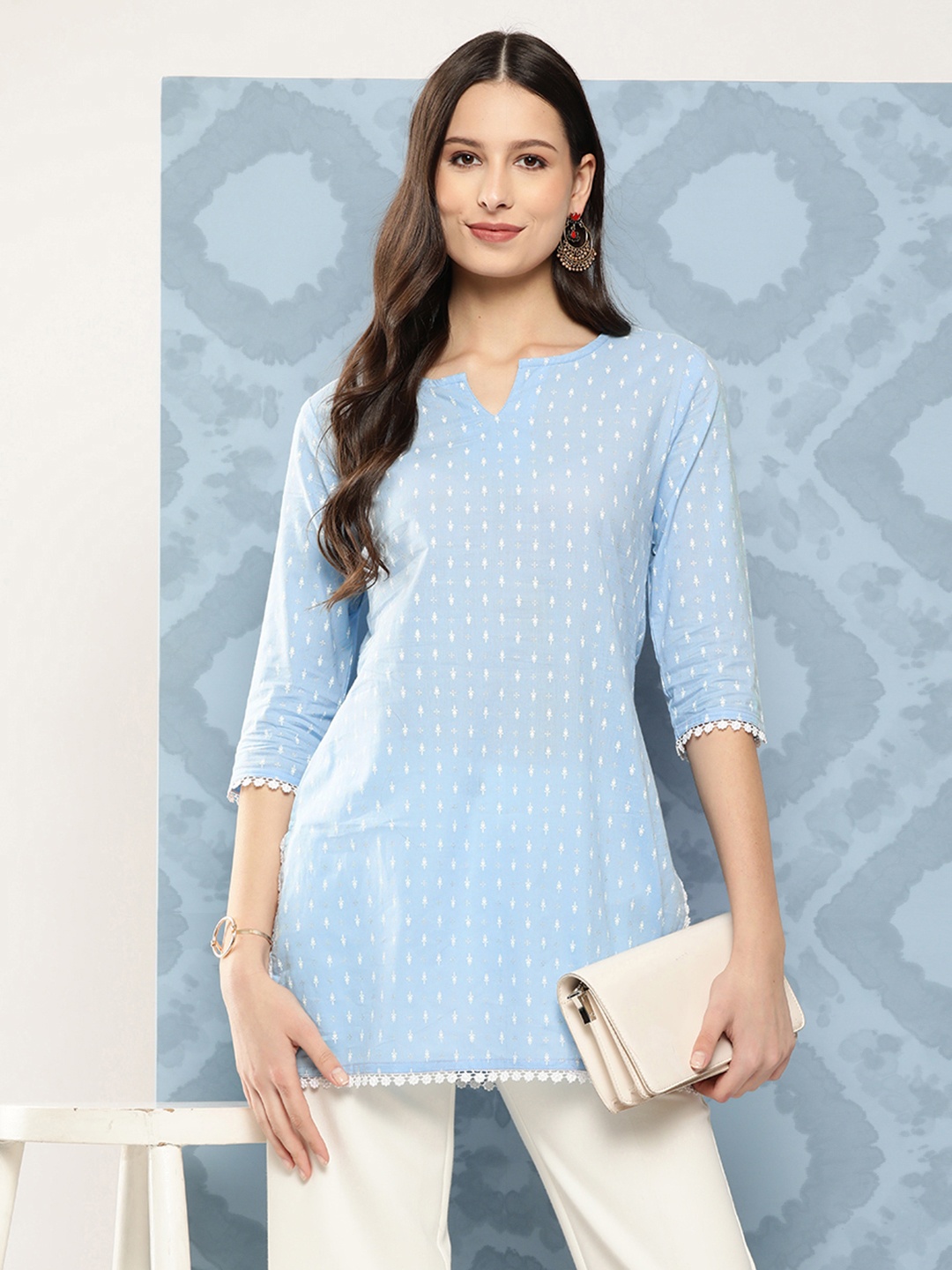 

Nayo Mandarin Collar Printed Cotton Tunic, Turquoise blue