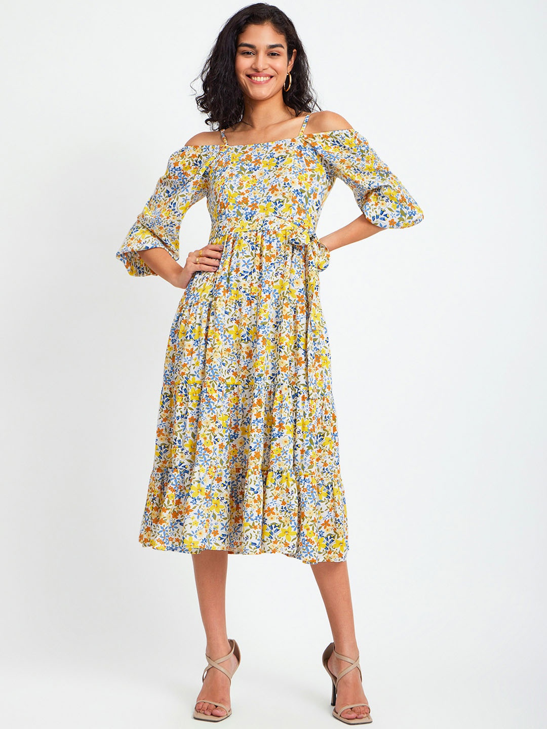 

FableStreet Floral Print Puff Sleeve Fit & Flare Midi Dress, White