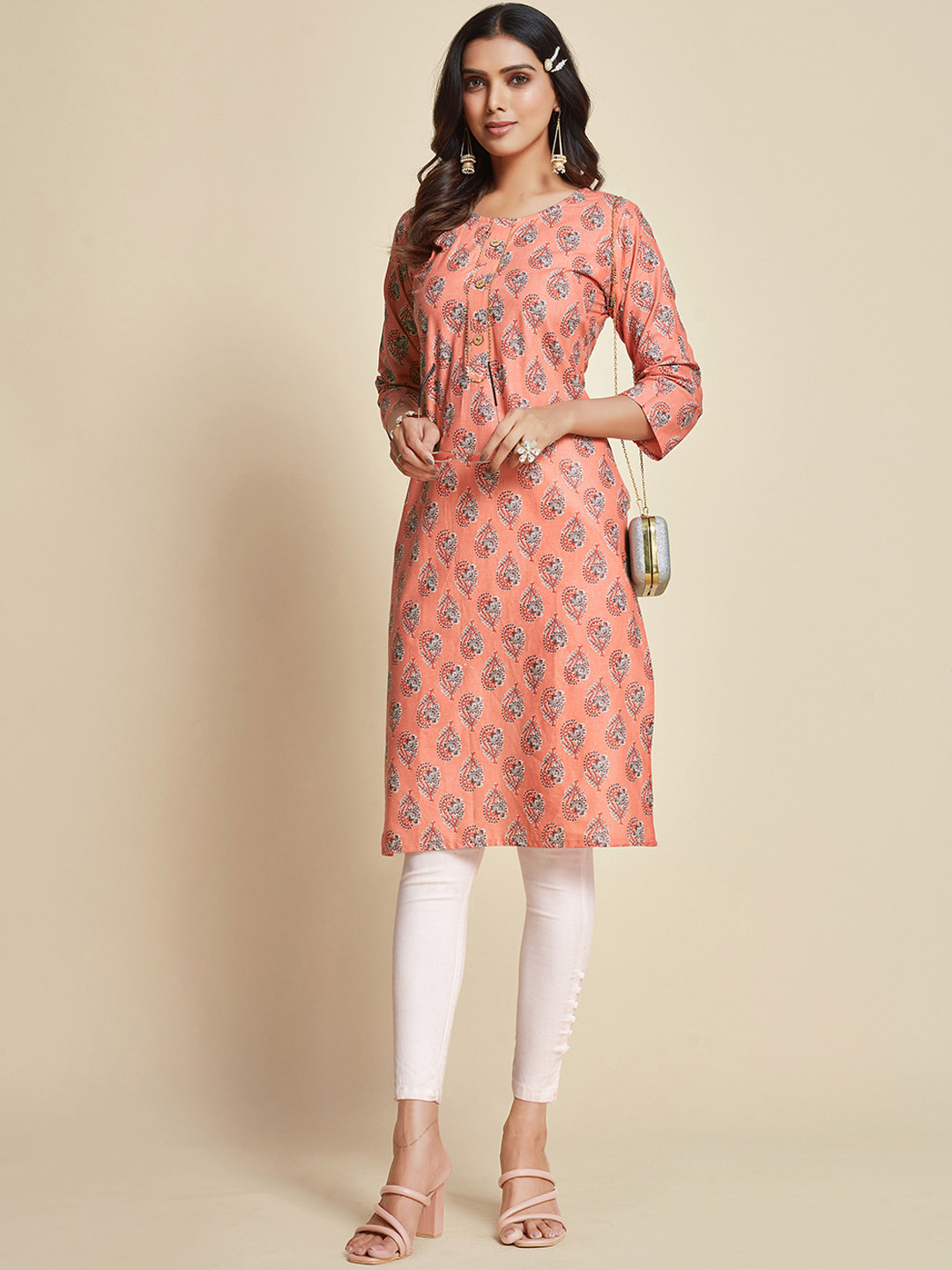 

Sangria Peach & Grey Ethnic Motifs Printed Pure Cotton Kurta