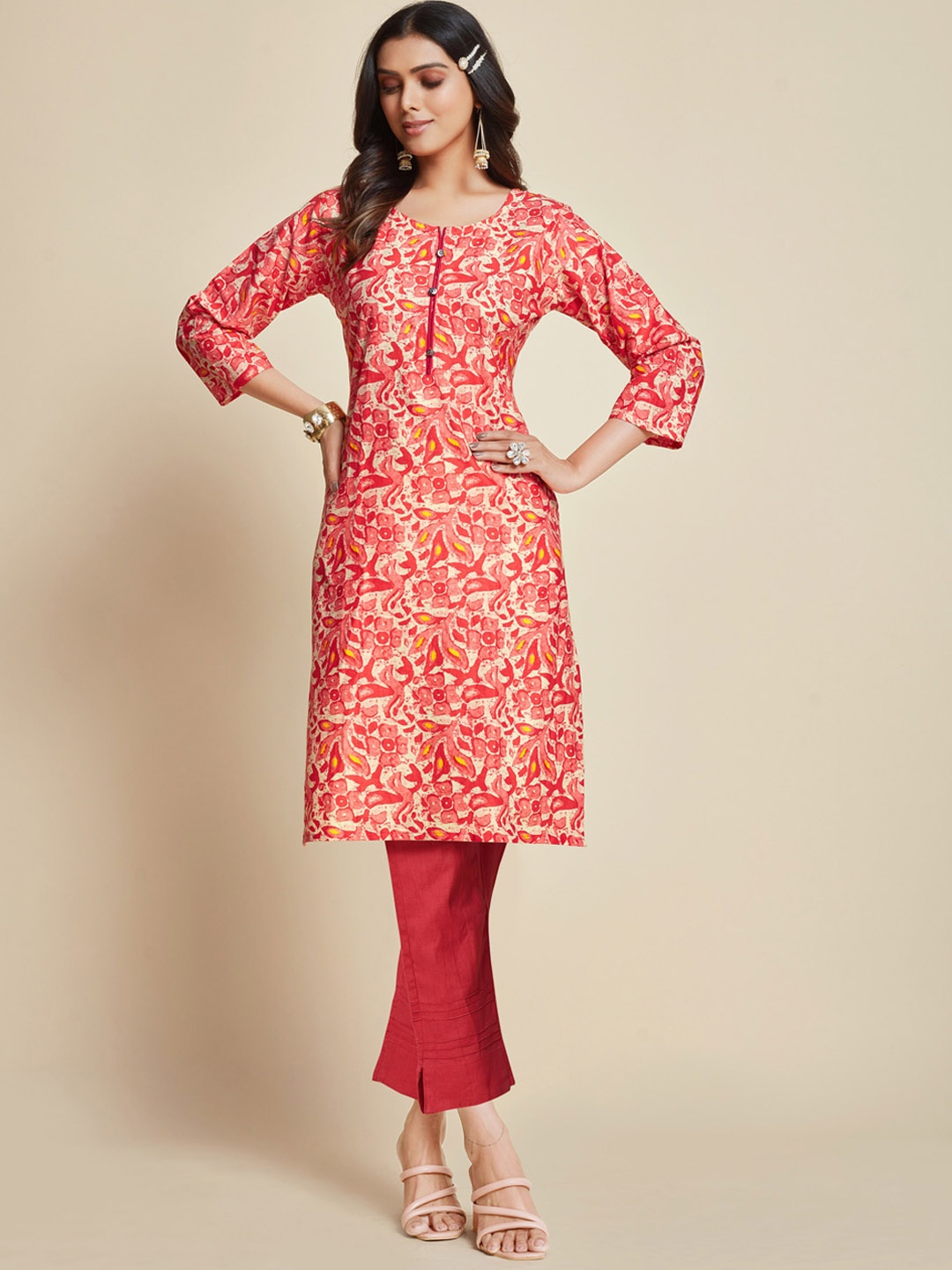 

Sangria Peach & White Floral Printed Cotton Kurta