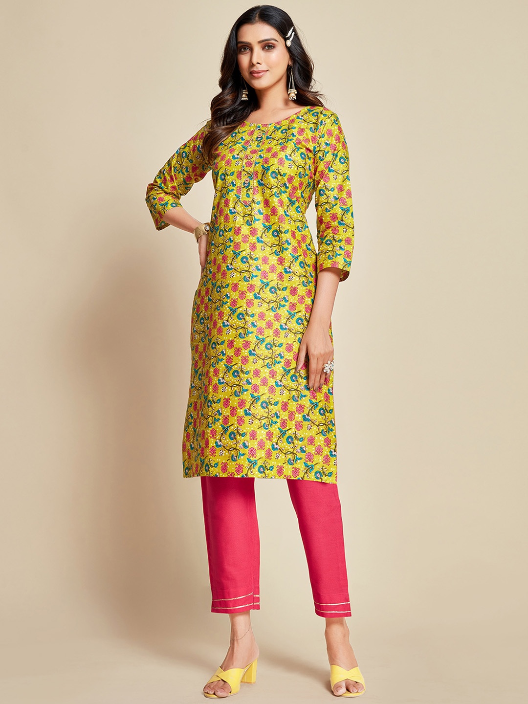 

Sangria Yellow & Green & Pink Floral Printed Pure Cotton Kurta