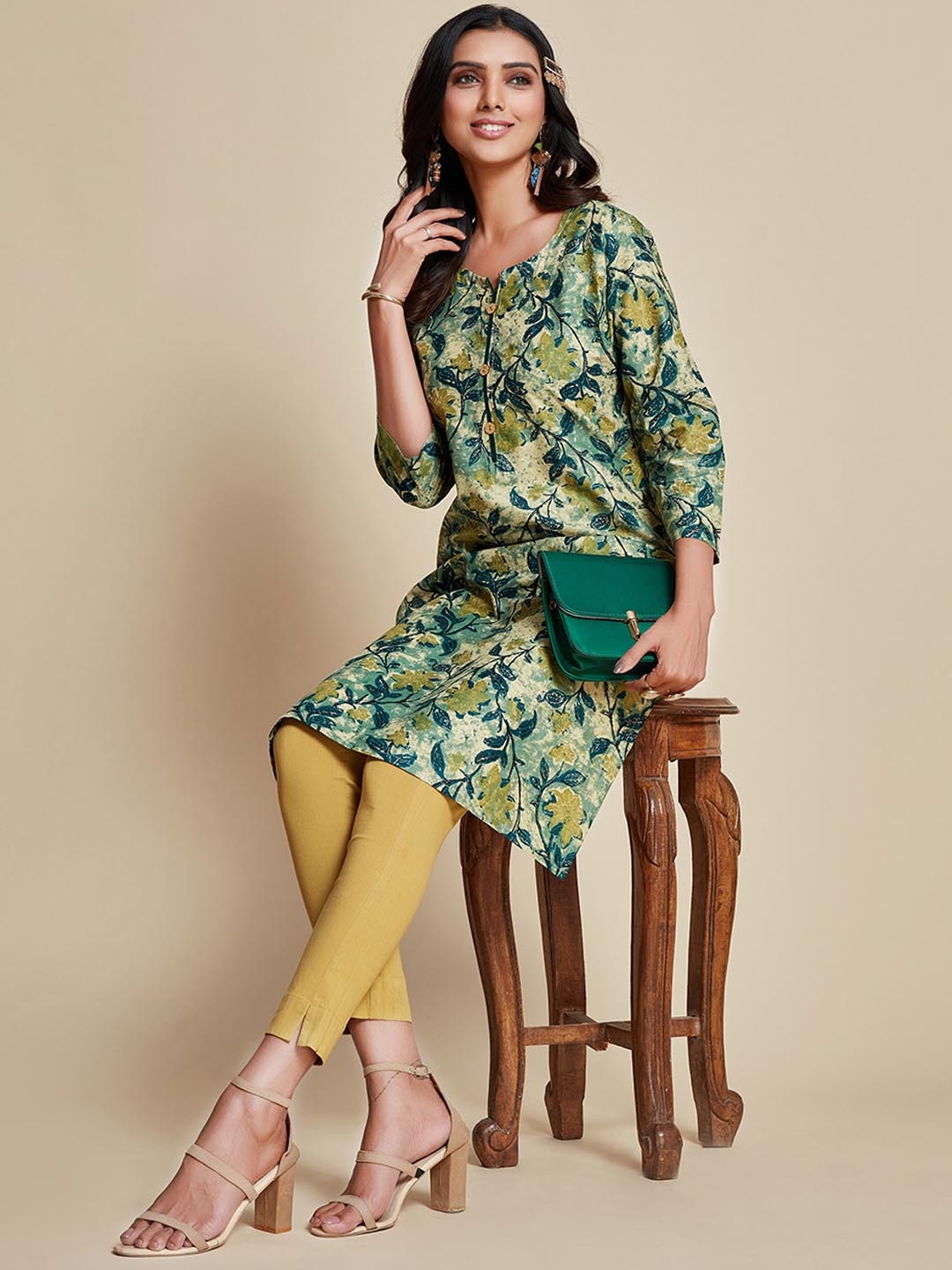 

Sangria Green & Yellow Printed Pure Cotton Kurta