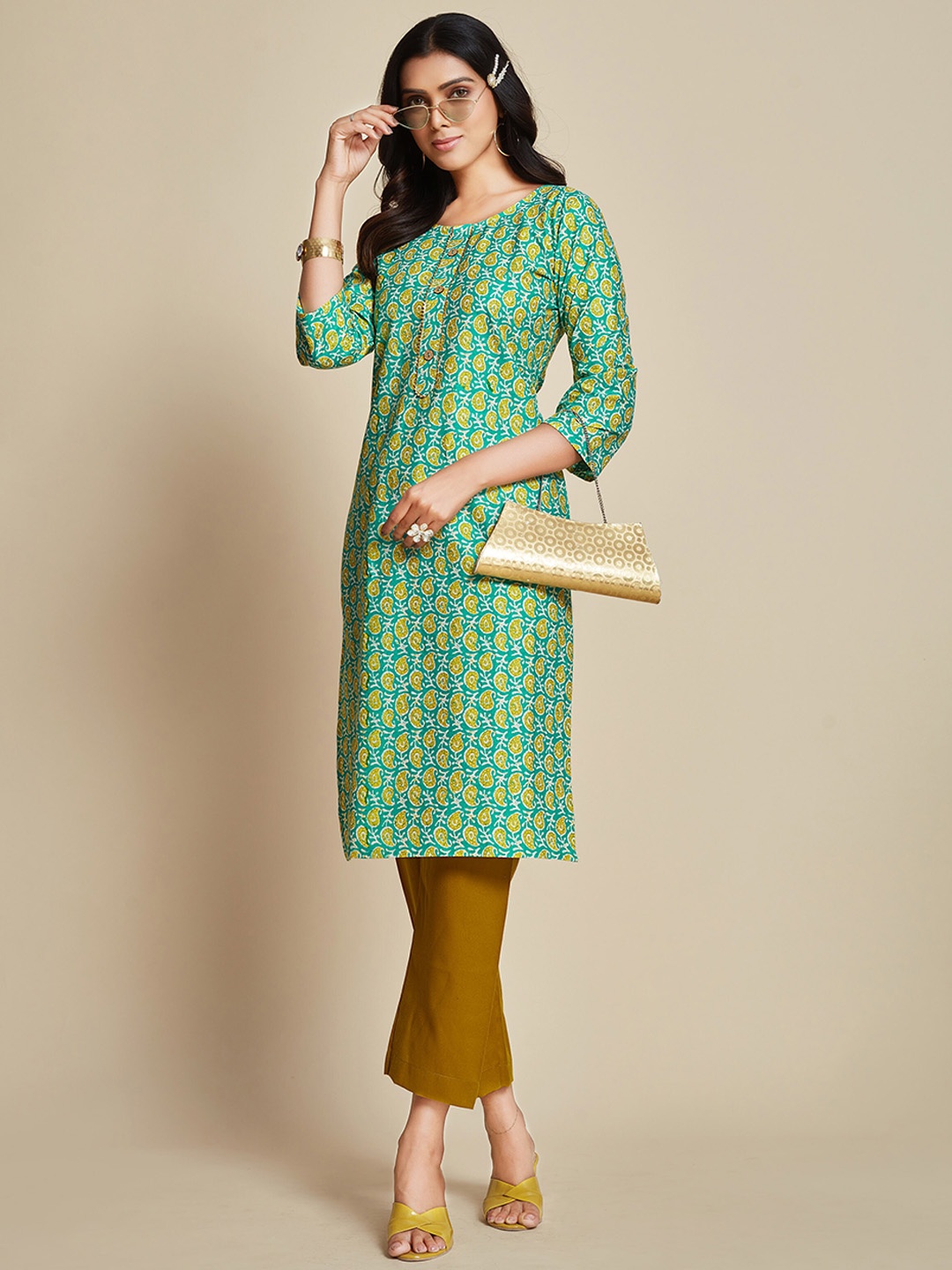 

Sangria Green & Yellow Paisley Printed Pure Cotton Kurta, Sea green