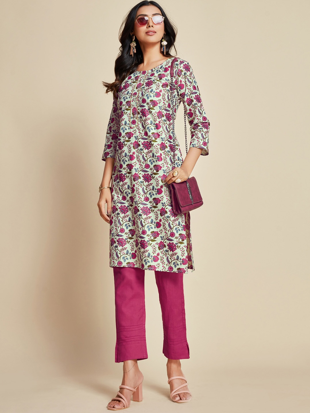 

Sangria Pink & Sea Green Floral Printed Pure Cotton Kurta