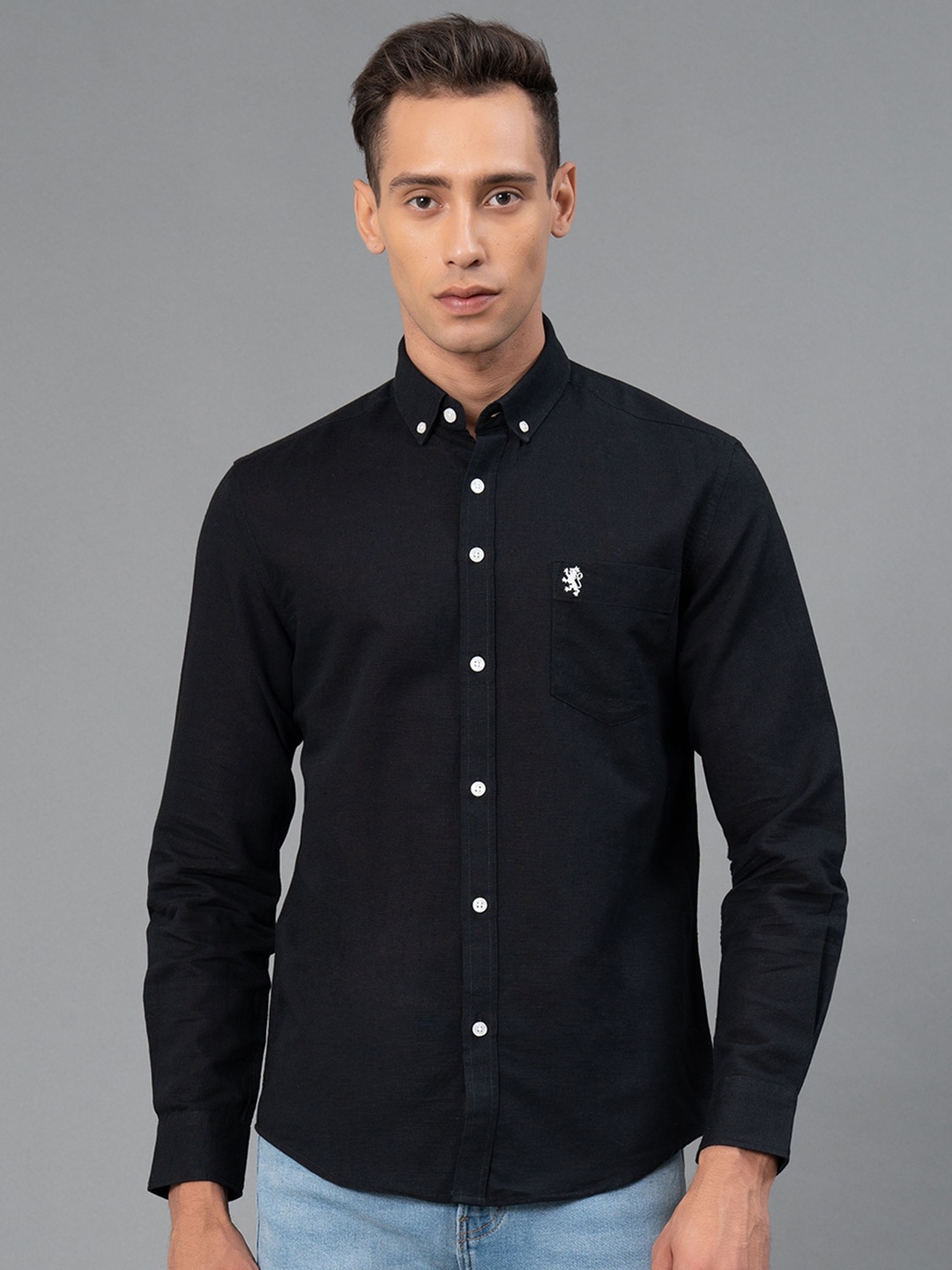 

Red Tape Button Down Collar Cotton Linen Casual Shirt, Black