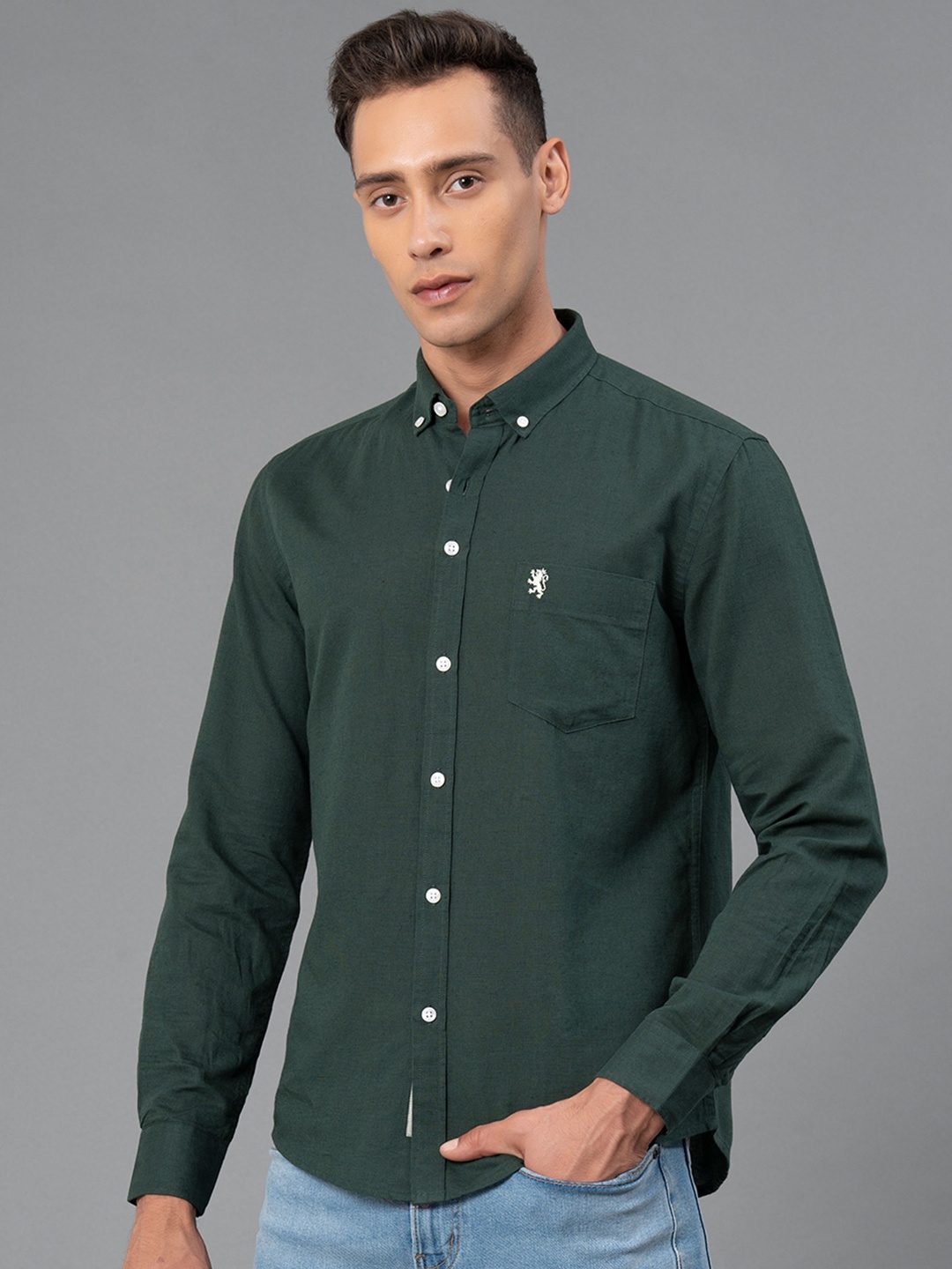 

Red Tape Men Green Solid Cotton Linen Shirt