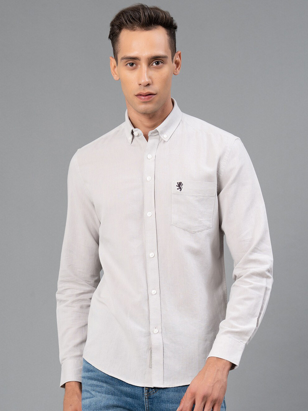

Red Tape Men Grey Solid Cotton Linen Shirt