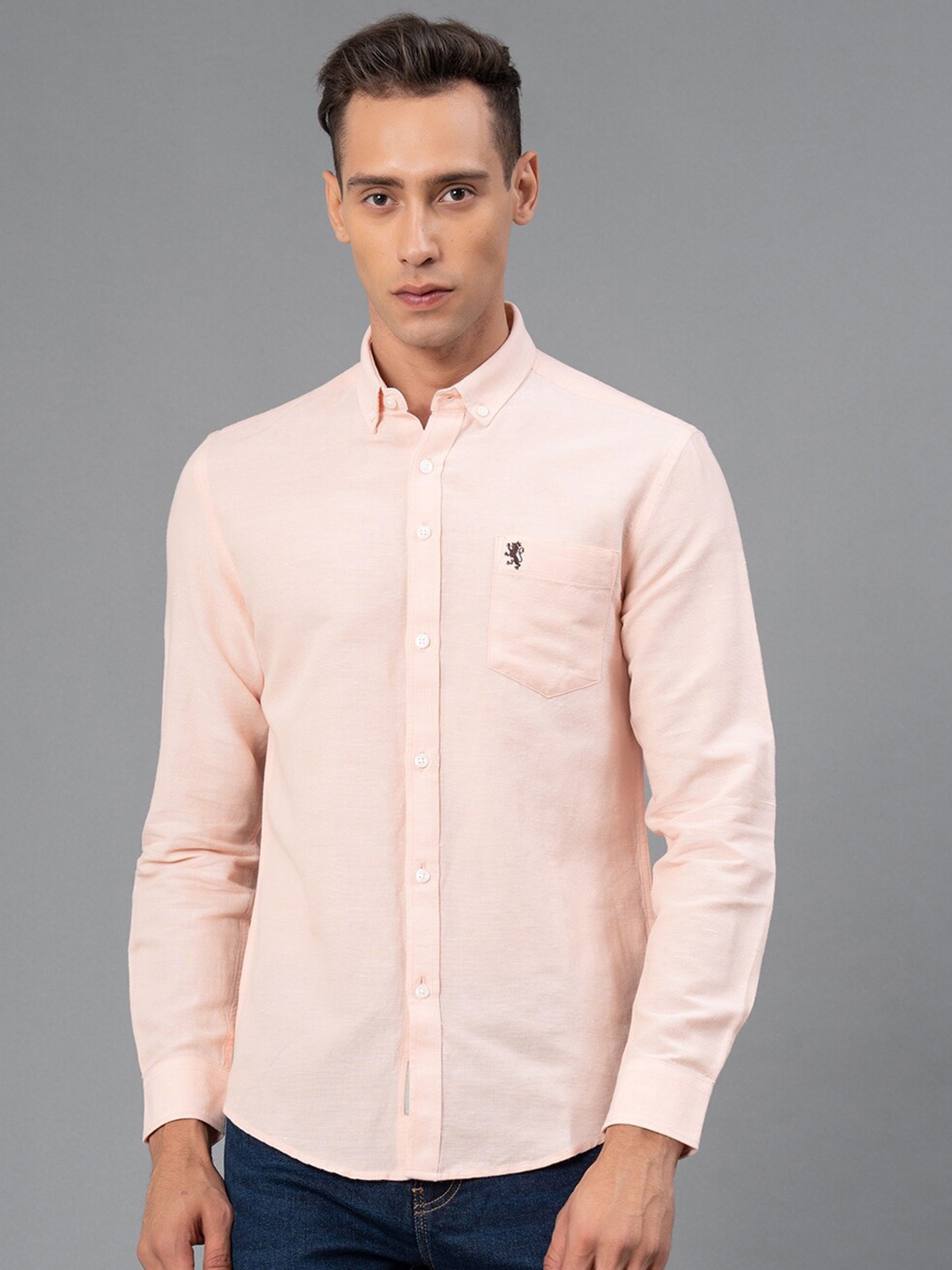 

Red Tape Button-Down Collar Regular Fit Cotton Linen Casual Shirt, Peach