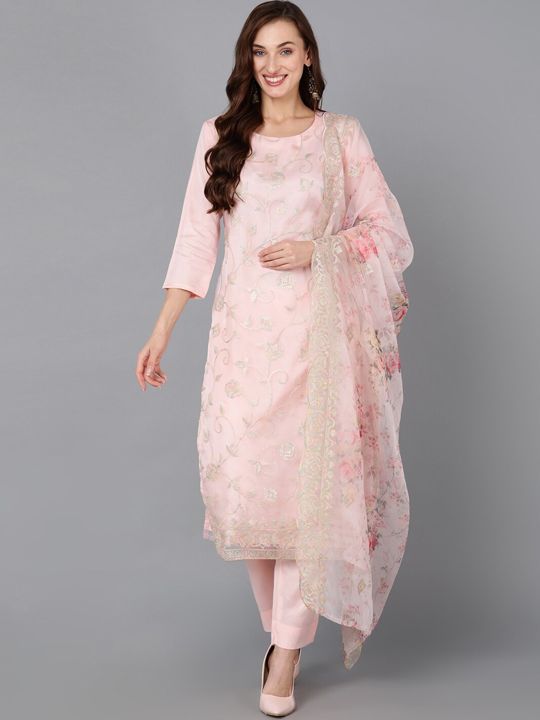 

AHIKA Peach-Coloured Ethnic Motifs Embroidered Sequinned Kurta with Trousers & Dupatta