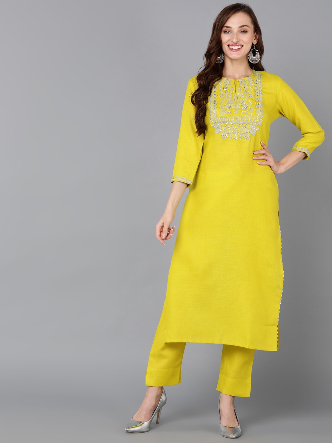 

AHIKA Yellow Yoke Design Thread Work Sequined Keyhole Neck Kurta