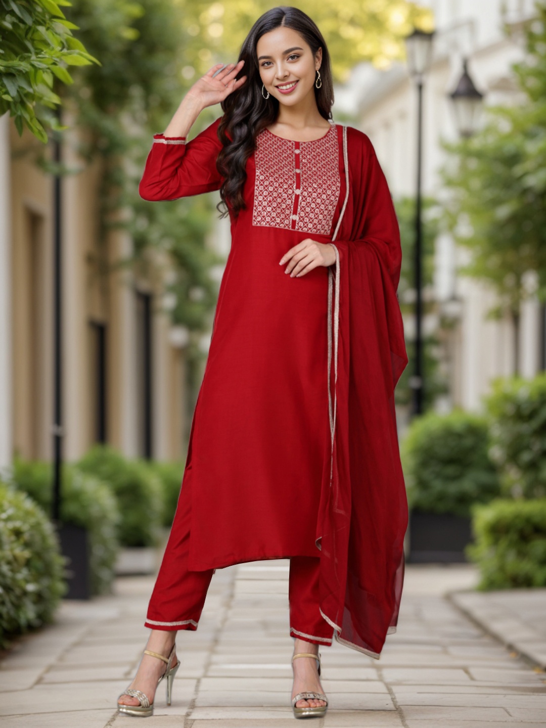 

AHIKA Red Yoke Design Sequinned Kurta with Trousers & Dupatta