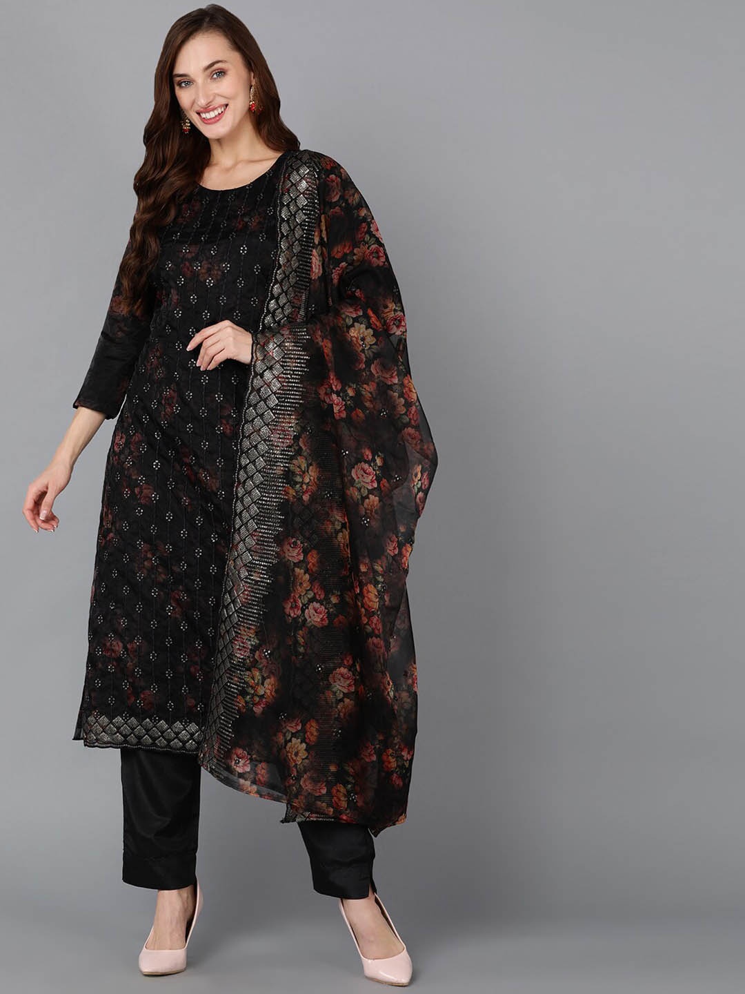 

AHIKA Black Floral Printed Thread Work Sequinned Kurta with Trousers & Dupatta