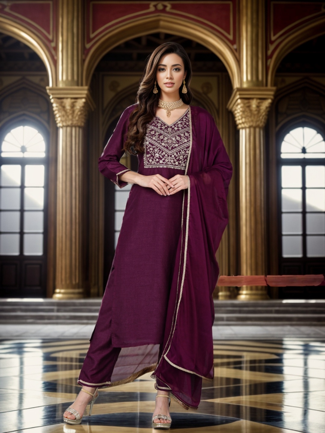 

AHIKA Purple Ethnic Motifs Yoke Design Zari Sequinned Kurta with Trousers & Dupatta