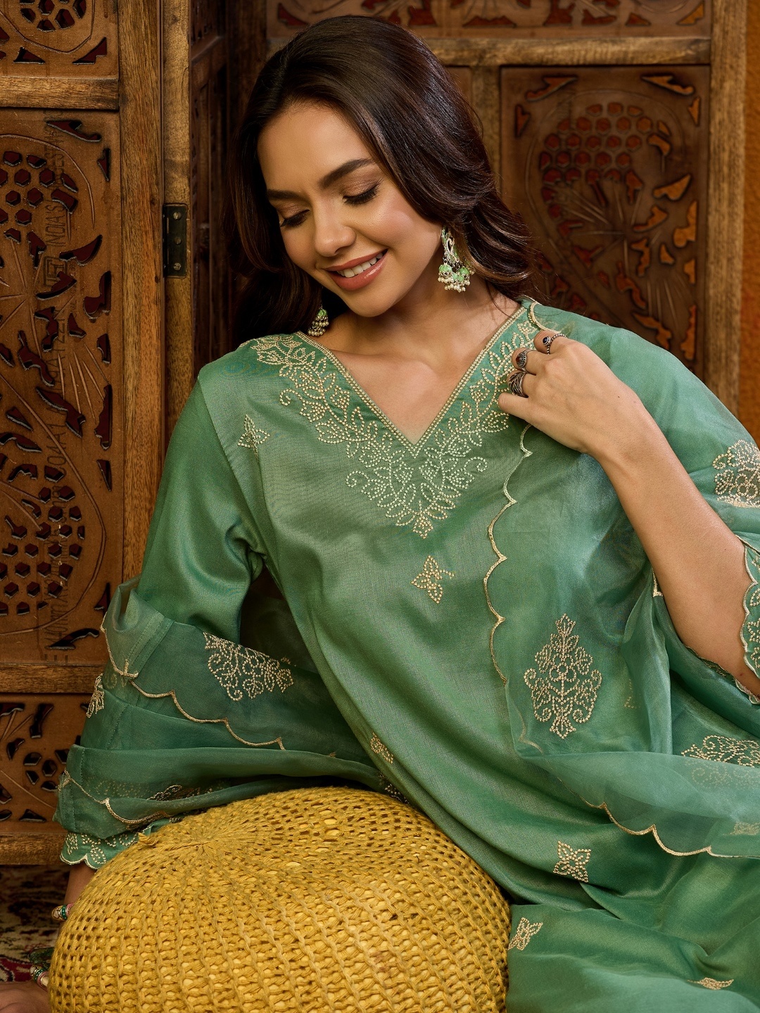 

AHIKA Green Floral Embroidered V-Neck Kurta with Palazzos & Dupatta