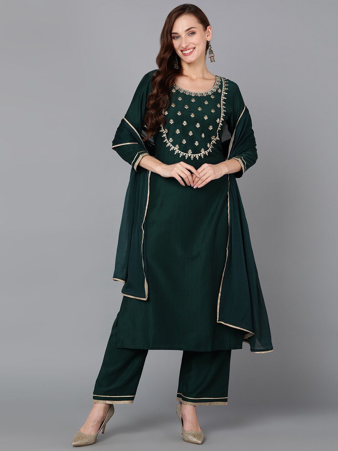 

AHIKA Green & Gold Yoke Design Sequinned Kurta With Palazzos & Dupatta