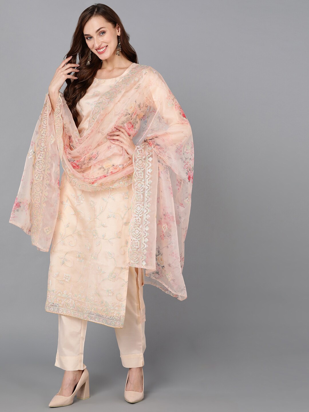 

AHIKA Peach-Coloured & Gold Floral Embroidered Kurta With Trousers & Dupatta