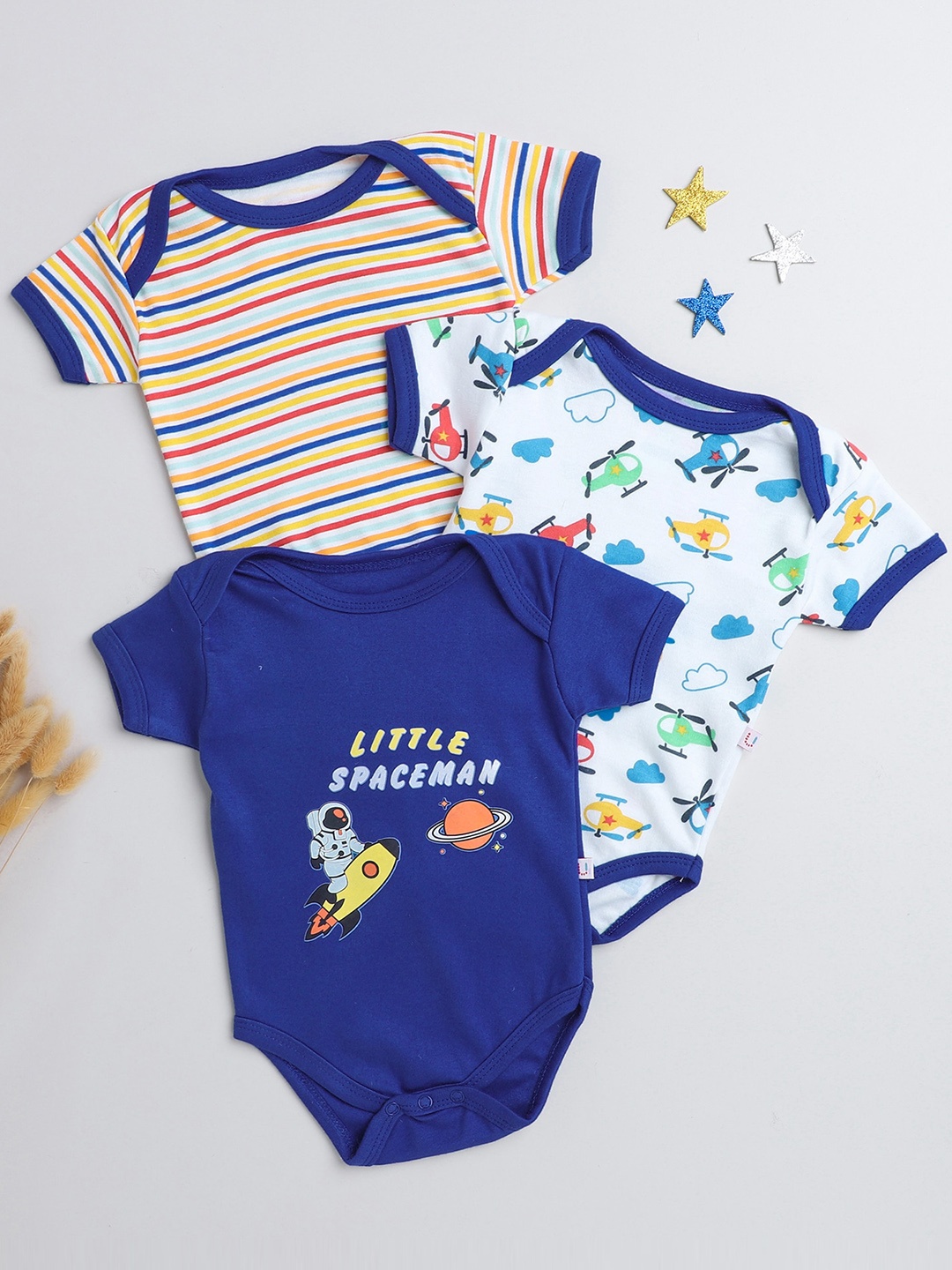 

BUMZEE Infant Boys Pack Of 3 Cotton Bodysuits, Blue