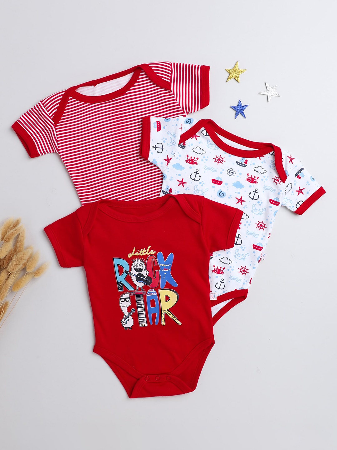 

BUMZEE Infant Boys Pack Of 3 Printed Pure Cotton Bodysuit, Red