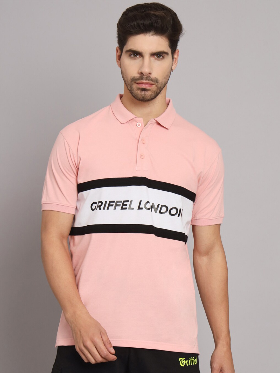 GRIFFEL Typography Printed Polo Collar T-shirt, Pink