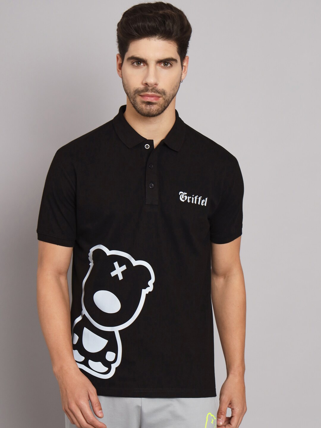 

GRIFFEL Conversational Printed Polo Collar Cotton T-shirt, Black