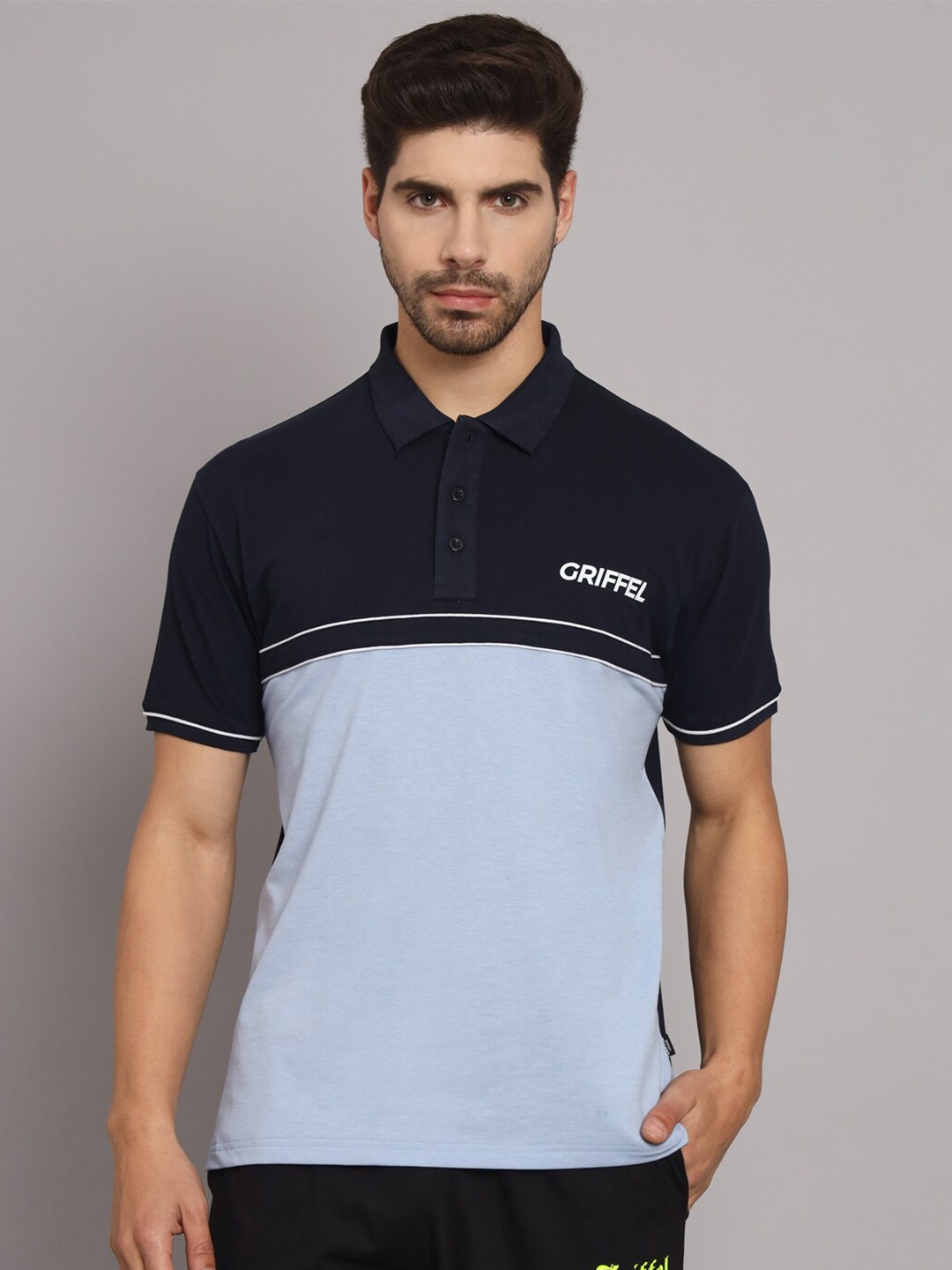 

GRIFFEL Colourblocked Polo Collar Casual Cotton T-shirt, Blue