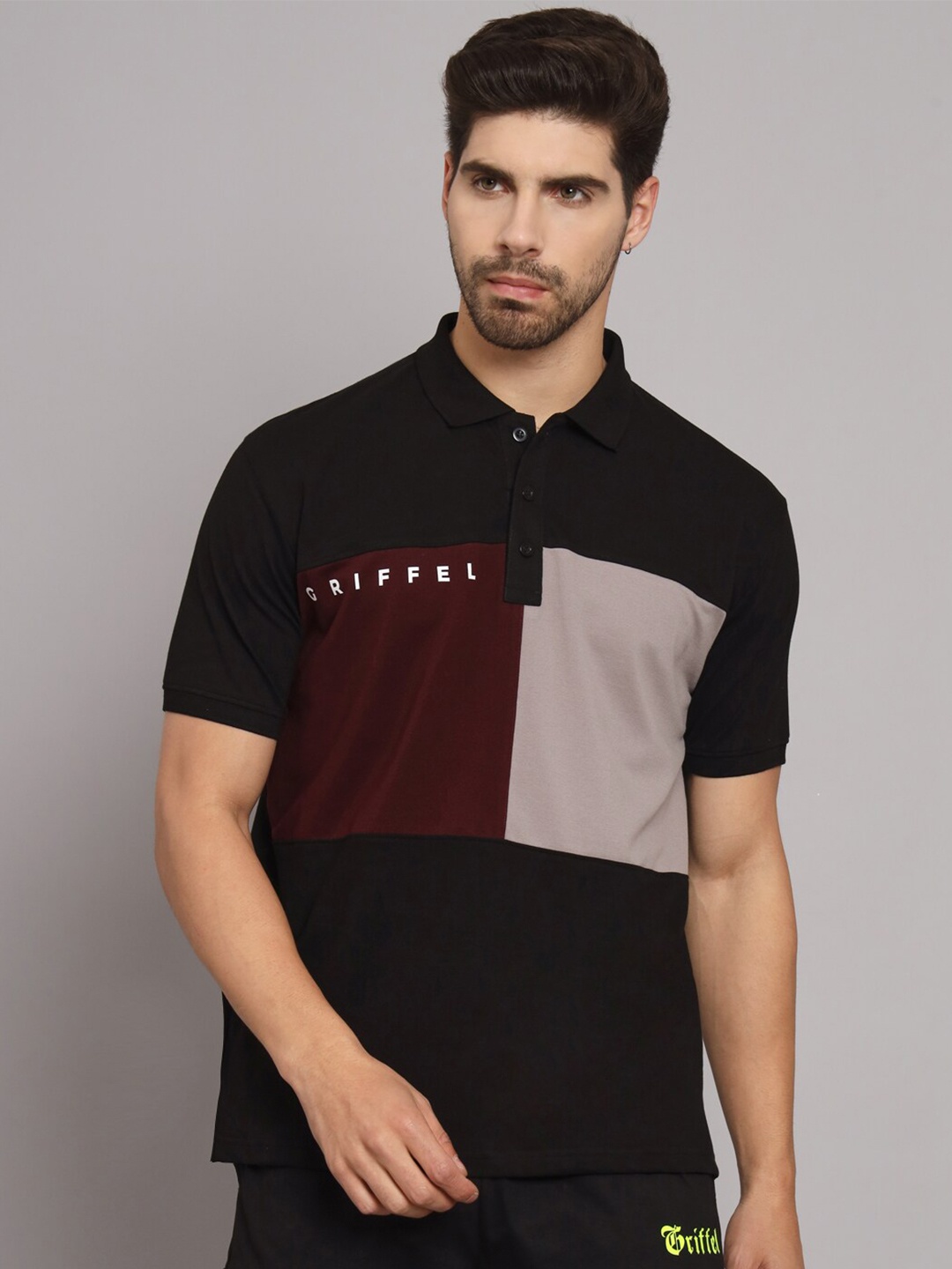 

GRIFFEL Colourblocked Polo Collar Casual Cotton T-shirt, Black