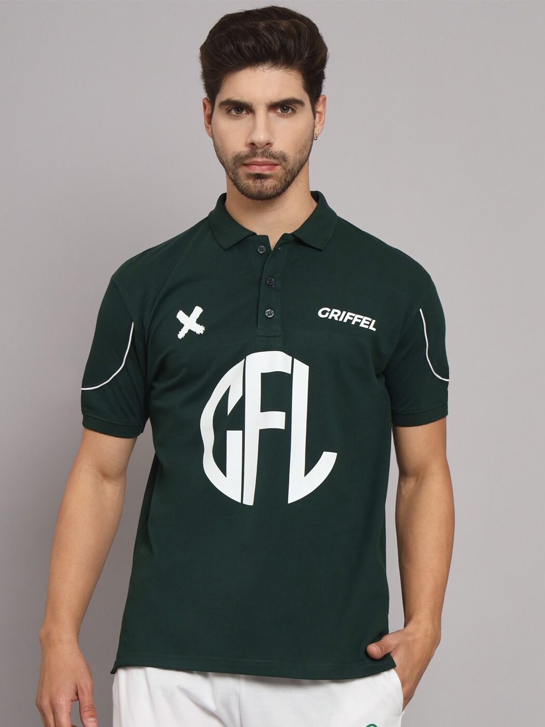

GRIFFEL Typography Printed Polo Collar Casual Cotton T-shirt, Green