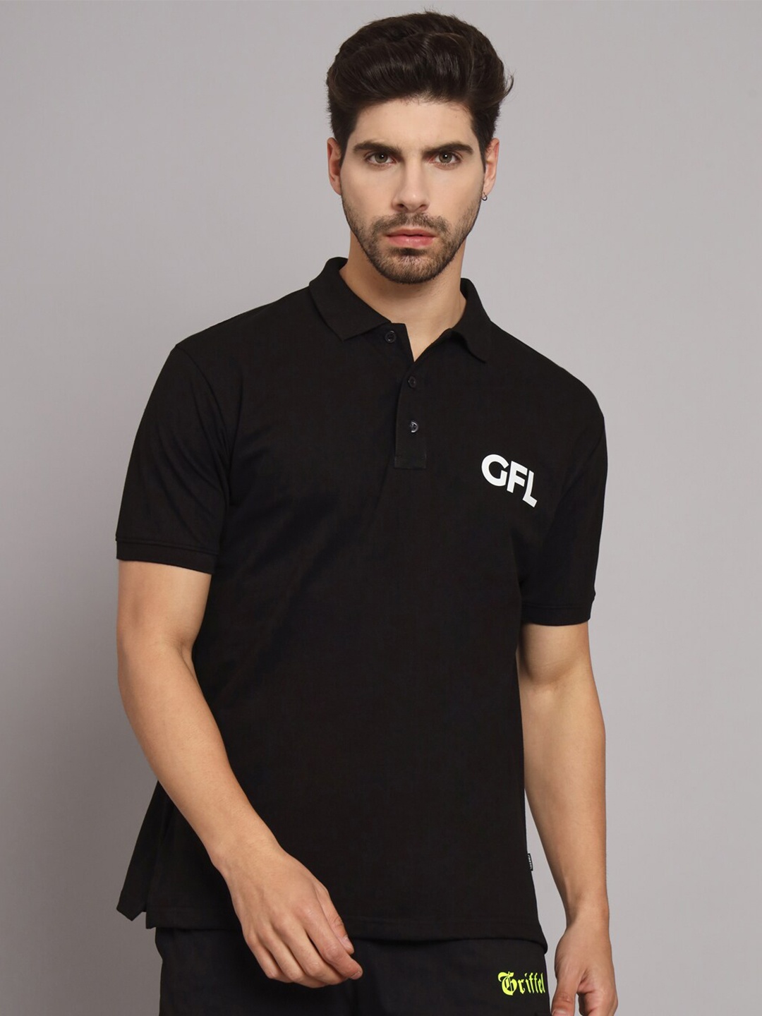 

GRIFFEL Typography Printed Polo Collar Casual Cotton T-shirt, Black