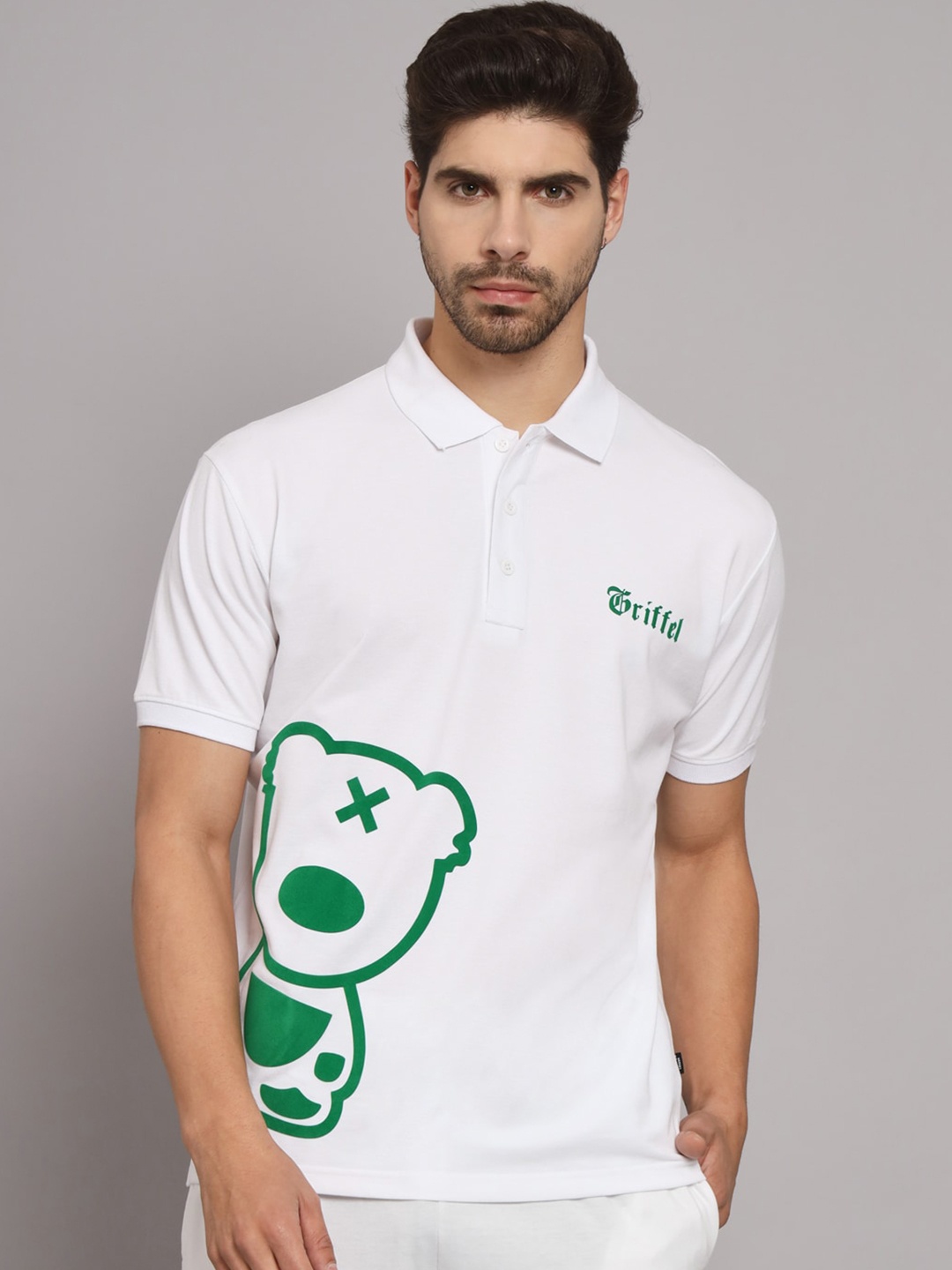 GRIFFEL Graphic Printed Polo Collar Casual Cotton T-shirt, White