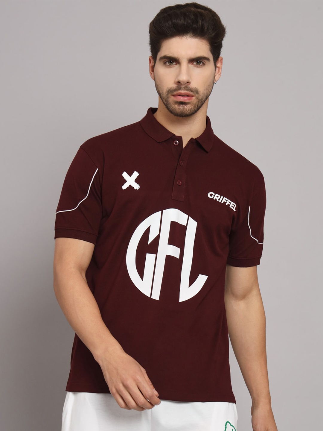 

GRIFFEL Men Maroon Typography Colourblocked Mandarin Collar Applique T-shirt