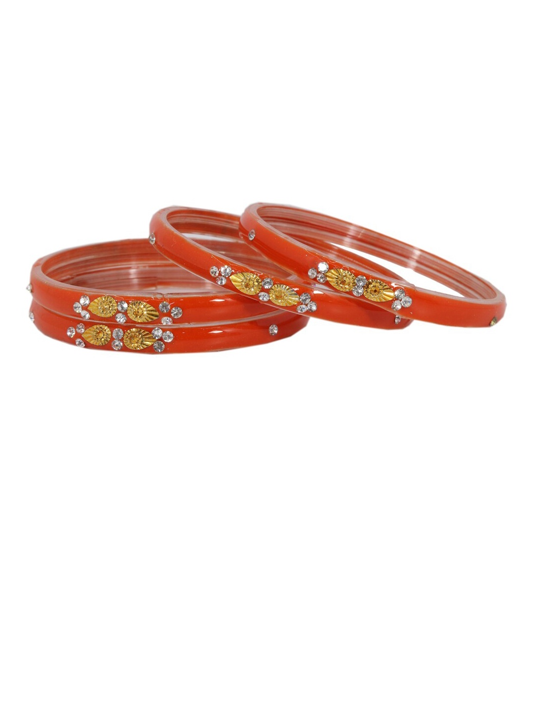 

NMII Set Of 4 Zircon Gemstone Studded Glass Kada Bangles, Orange