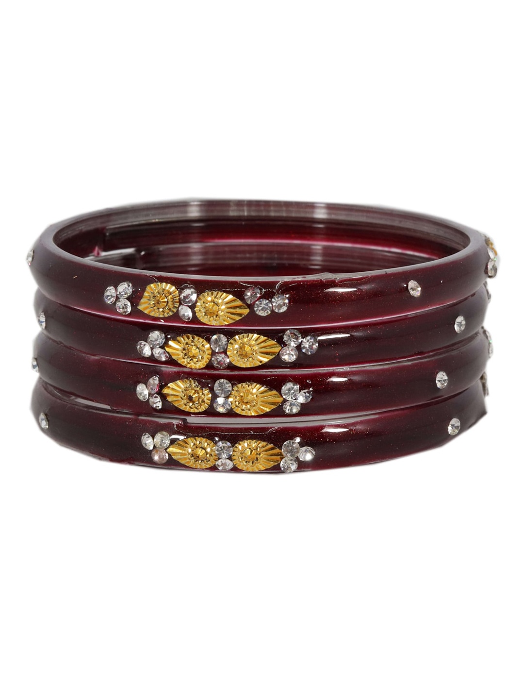 

NMII Set Of 4 Zircon-Studded Glossy Finished Glass Bangles, Maroon