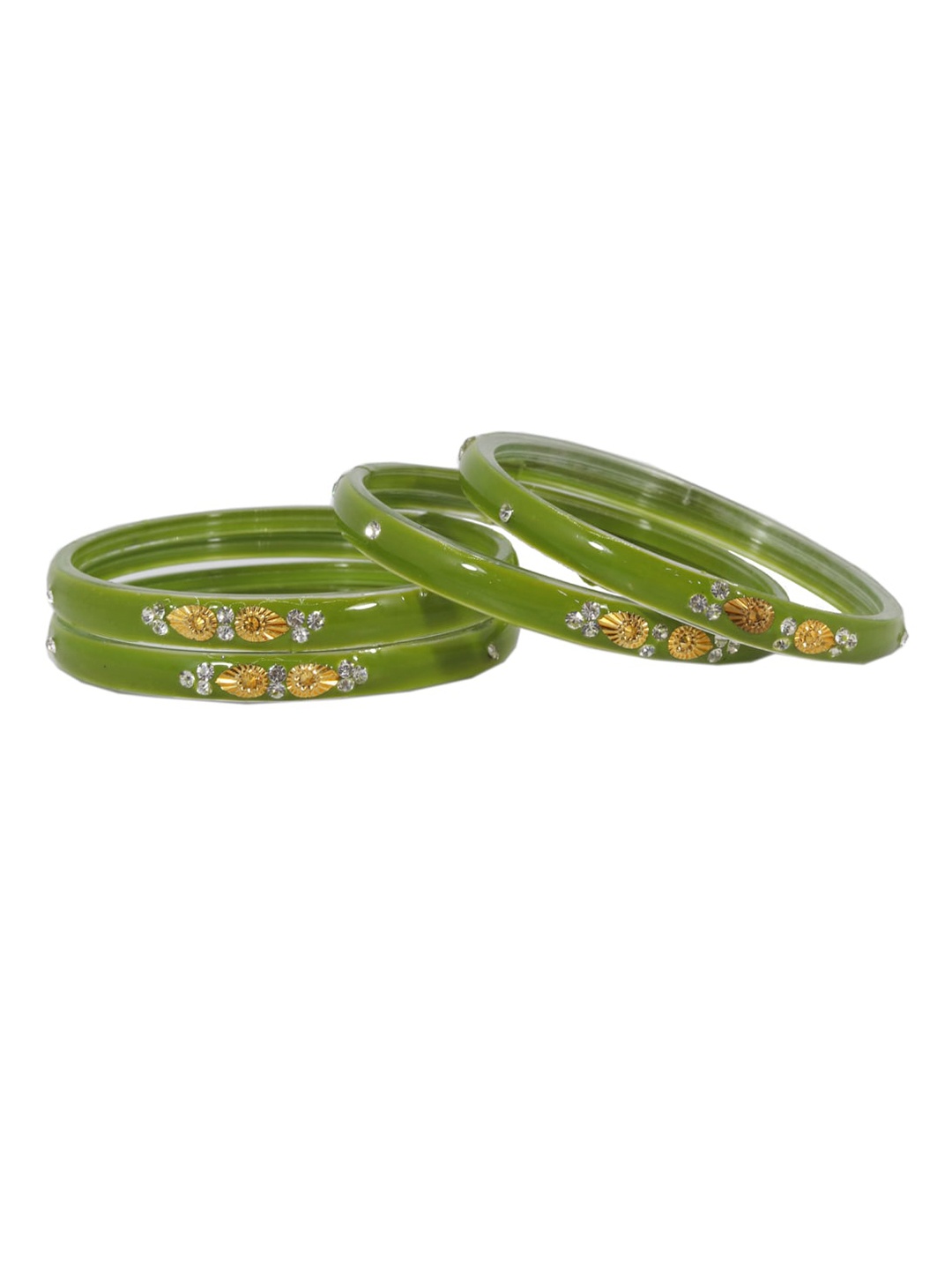 

NMII Set Of 4 Zircon Gemstone Studded Glass Kada Bangles, Green