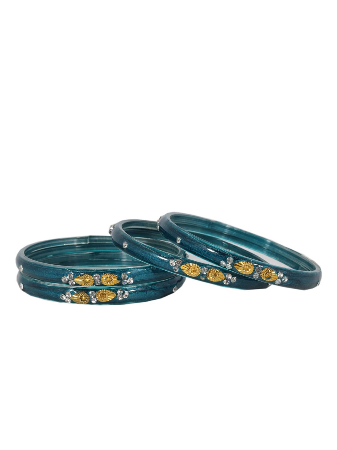 

NMII Set Of 4 Zircon Gemstone Studded & Beaded Glass Kada Bangles, Teal