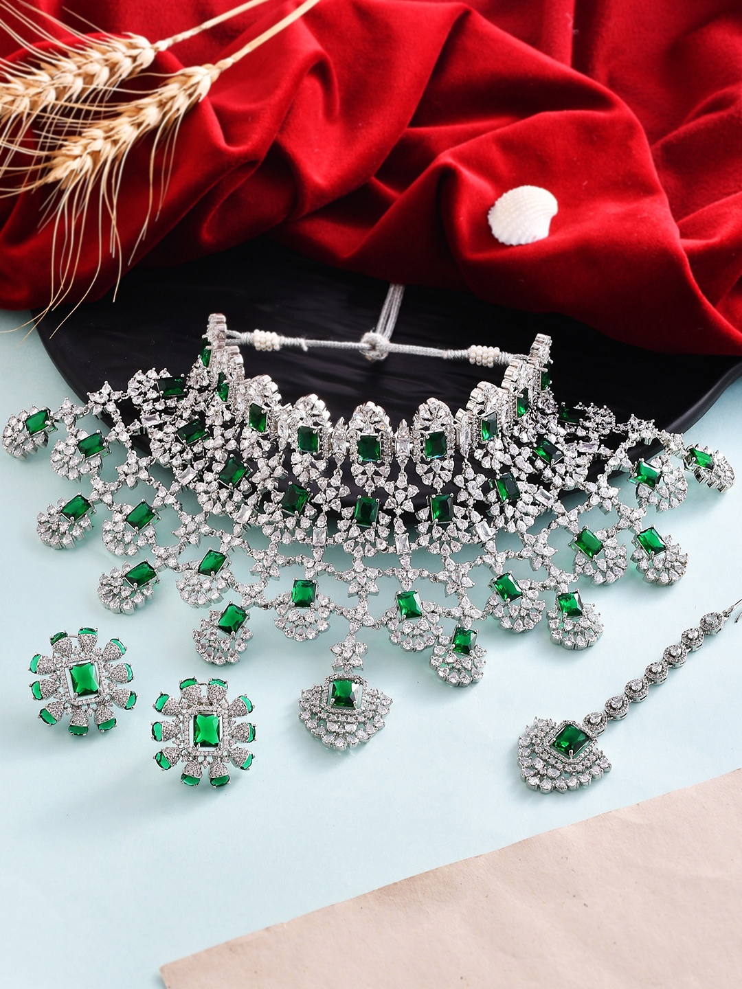 

Silvermerc Designs Silver-Plated American Diamond-Studded Jewellery Set