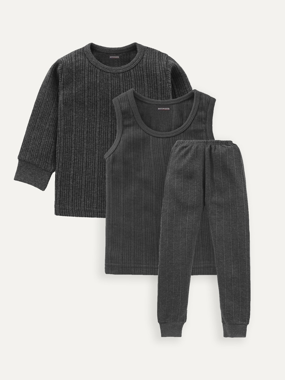 

Aerowarm Kids Striped Thermal Top & Trouser With Vest, Charcoal