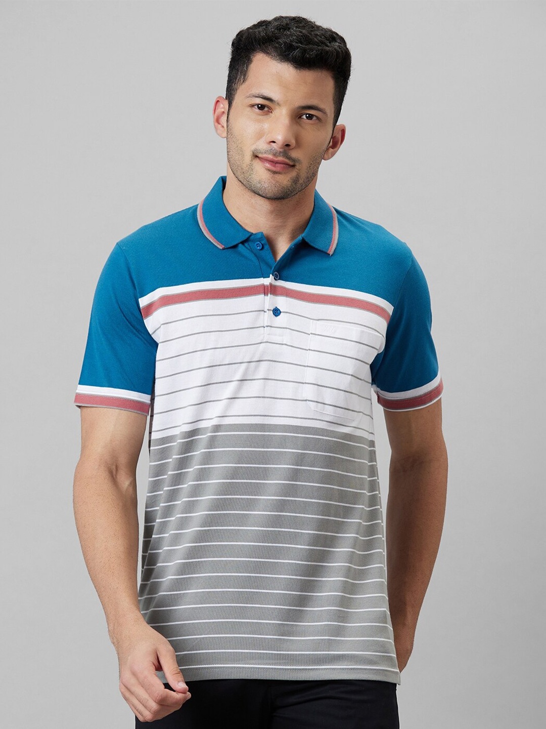 

WHITE HANGER Striped Polo Collar Cotton T-shirt, Blue