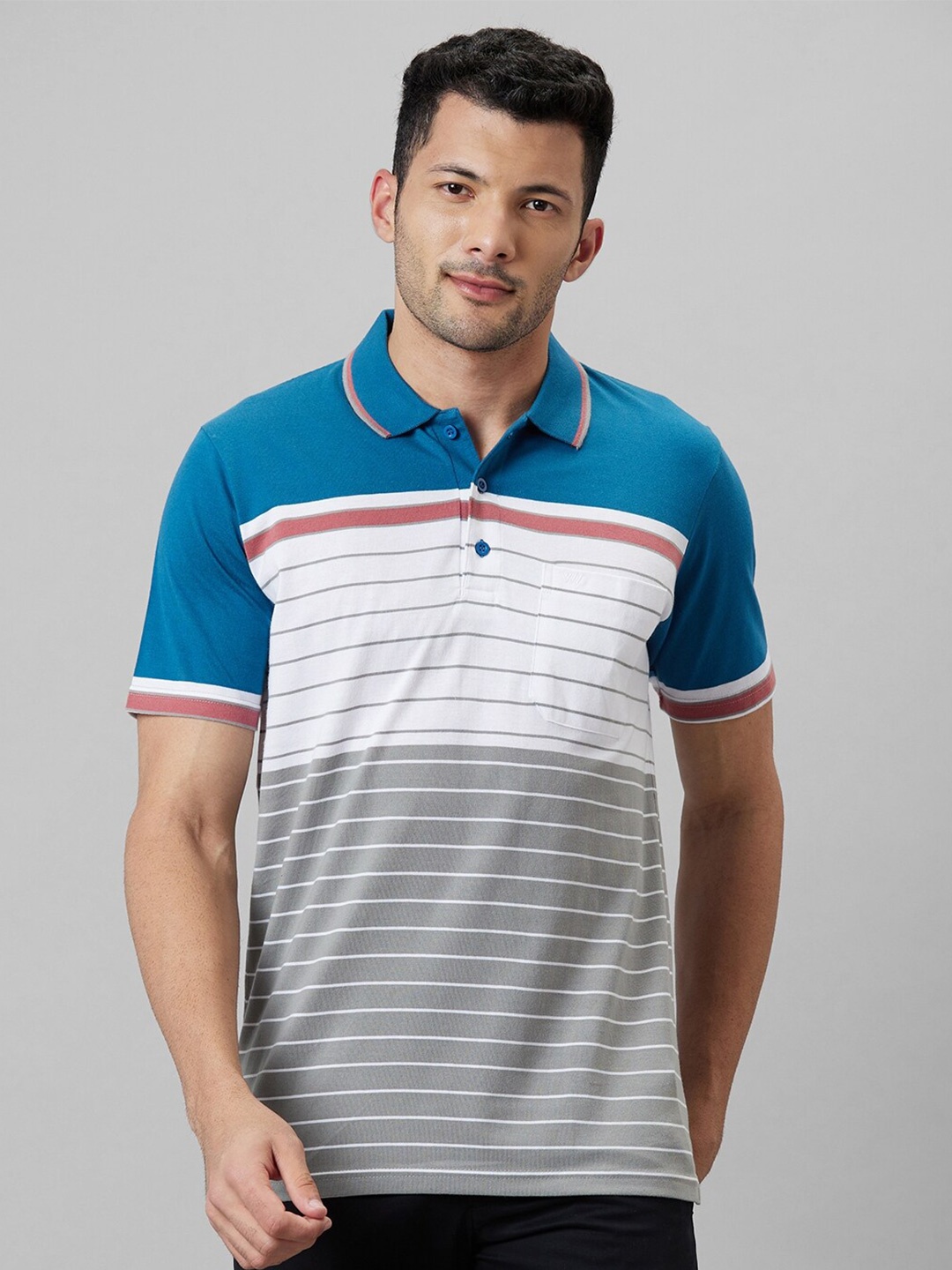 

WHITE HANGER Striped Polo Collar Cotton T-shirt, Blue