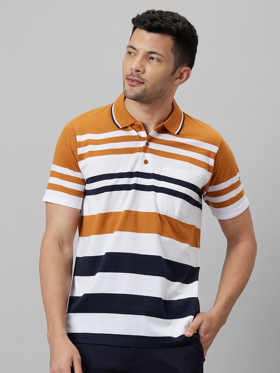 

WHITE HANGER Men Mustard Yellow Striped Polo Collar Pockets T-shirt