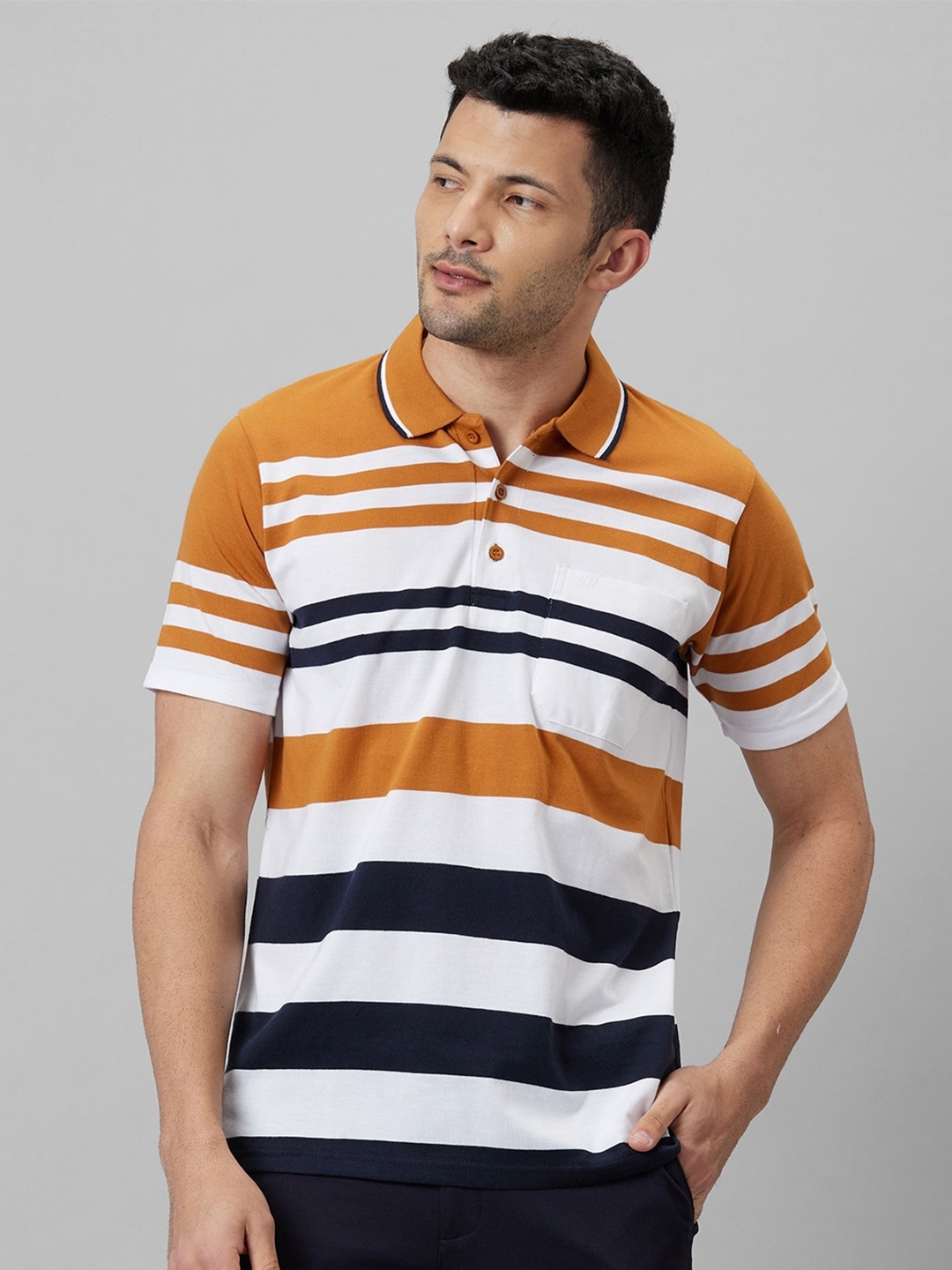 

WHITE HANGER Men Mustard Yellow Striped Polo Collar Pockets T-shirt