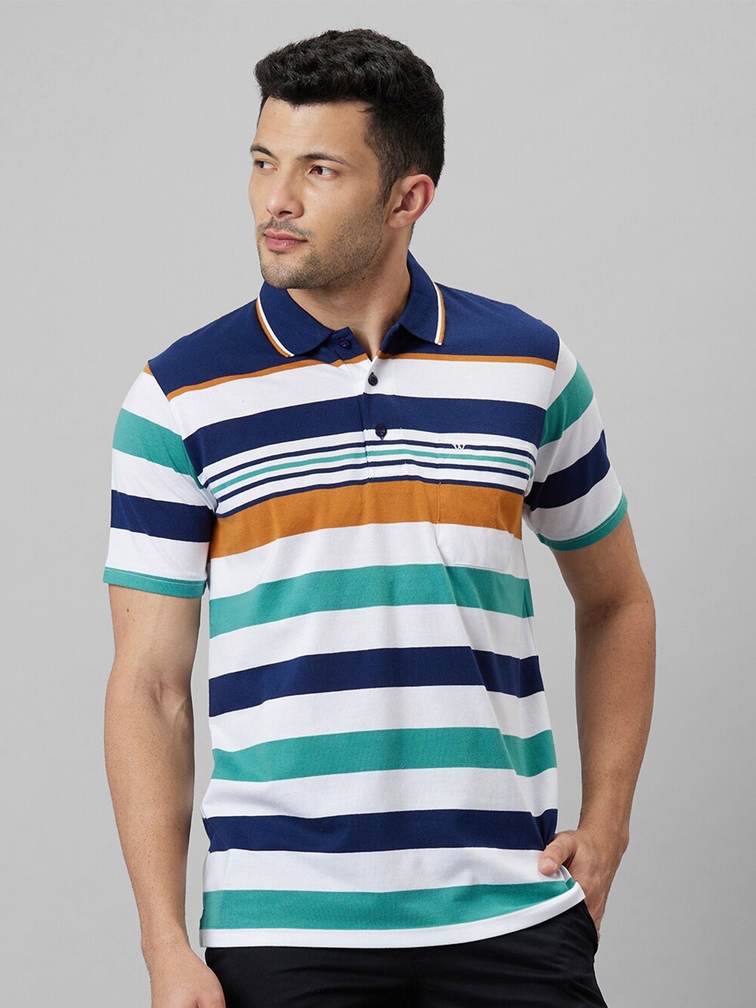 

WHITE HANGER Striped Polo Collar T-shirt, Navy blue