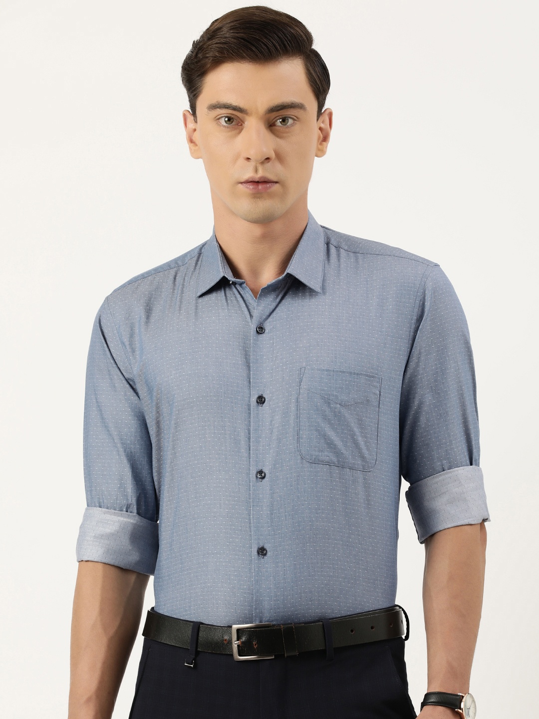 

Peter England Men Pure Cotton Slim Fit Opaque Formal Shirt, Blue